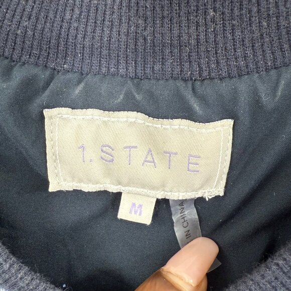 1.State Womens Quilted Bomber Jacket M Blue Cotton/Polyester Blend Ribbed Trim - Picture 4 of 9